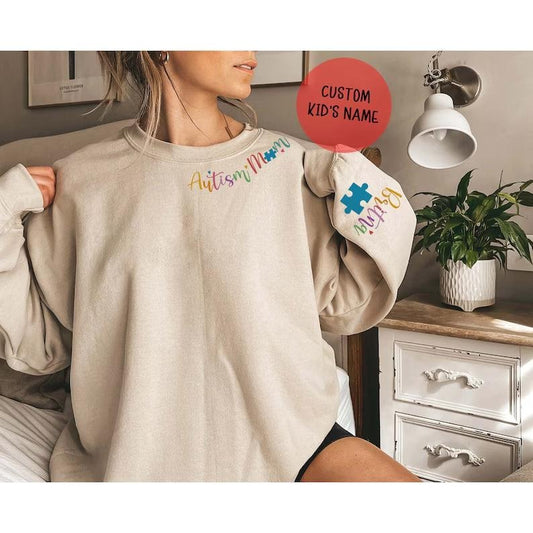 Custom Autism Mom with Kids Name on Sleeve, Autism Awareness Shirt, Autism Mama Shirt, Autism Awareness, Neurodivergent Gift, Puzzle Shirt