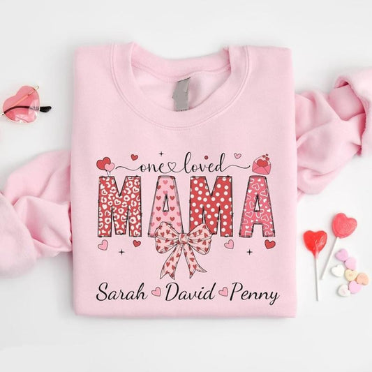 Custom Coquette Mama Valentines Day Sweatshirt, One Loved Mama Sweater, Personalized Valentine's Day Gift for Mom, Coquette Bow Shirtstyle{n002}2