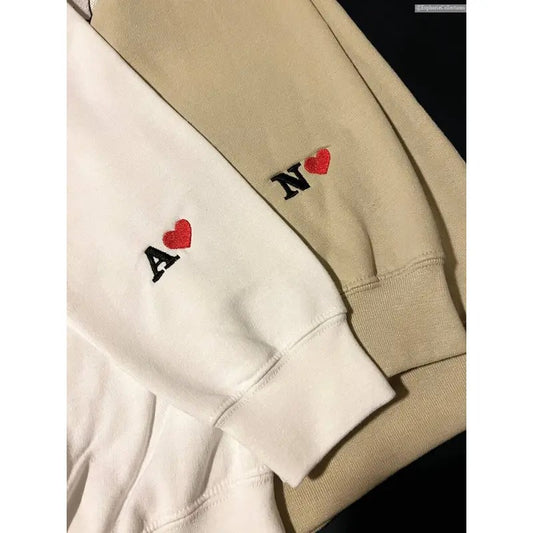 Custom Embroidered Initial Heart Valentine Sweater Hoodie T-Shirt, Personalized Initial on Sleeve Matching Couple Love Gift Sweatshirt , Global Trending Outfits