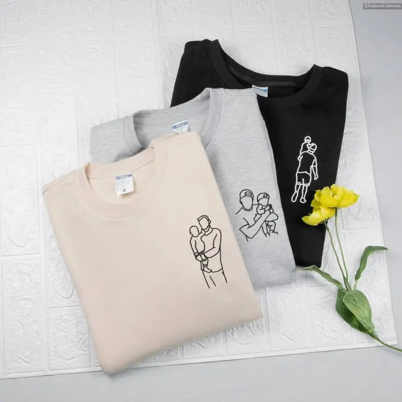 Custom Embroidered Portrait Sweater, Hoodie, Tee, Personalized Photo Sweatshirt for Him, for Her, Name On Cuff, Couple Family Gift , Global Trending Outfits