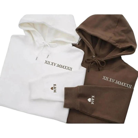 Custom Embroidered Roman Numeral Crewneck Sweatshirt Hoodie, Couples Gift, Personalized Date and Initial Hoodie , Engagements, Anniversaries, Bachelorette's