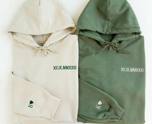 Custom Embroidered Roman Numeral Hoodie, Couples Sweatshirt, Valentine Gift For Boyfriend Girlfriend, Personalized Hoodie Initial on Sleeve, Engagements