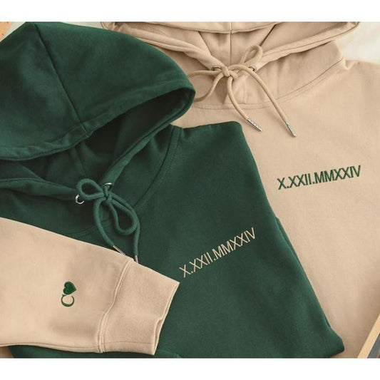 Custom Embroidered Roman Numeral Hoodie, Personalized Date Hoodie, Initial On Sleeve, Couples Gift, Matching Hoodie, Valentines Day, Xmas