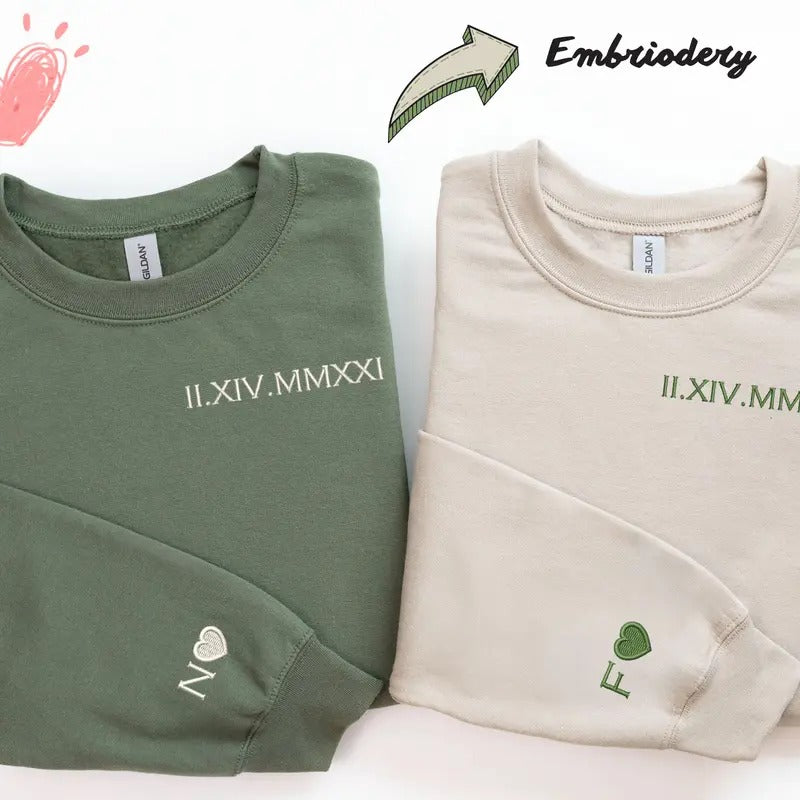 Custom Embroidered Roman Numeral Sweatshirt | Date, Heart and Initial On Sleeve | Personalized Couples Gifts | Couple Valentine's Gift