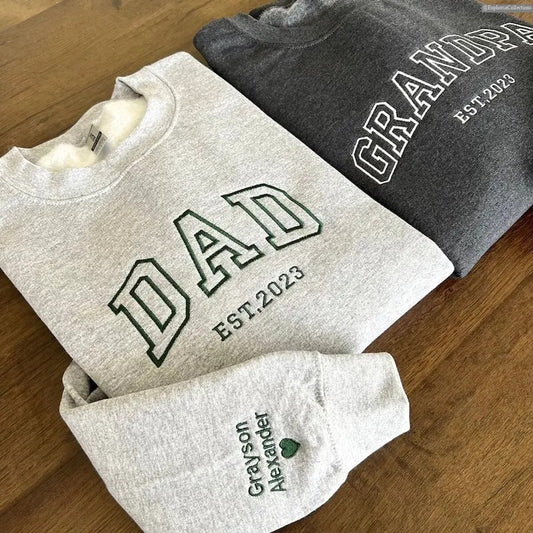 Custom Embroidered Sweater, Hoodie, Tee, Name On Sleeve With Heart, Grandpa Family Shirt With Date, New Daddy Est Year, Father's Day Gift , Global Trending Outfits