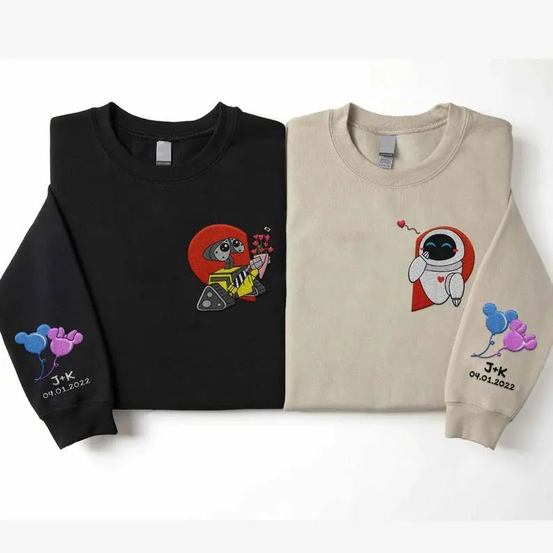Custom Embroidered Wall-e and Eve Couple Sweatshirt, Personalized Name On Sleeve Embroidery, Wedding Anniversary Gift For Him Her