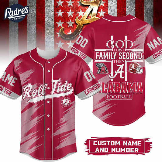 Custom God First Family Second Then Alabama Crimson Tide Football Baseball Jersey - Padres Jersey Oasis: Elevate Your Baseball Style Game