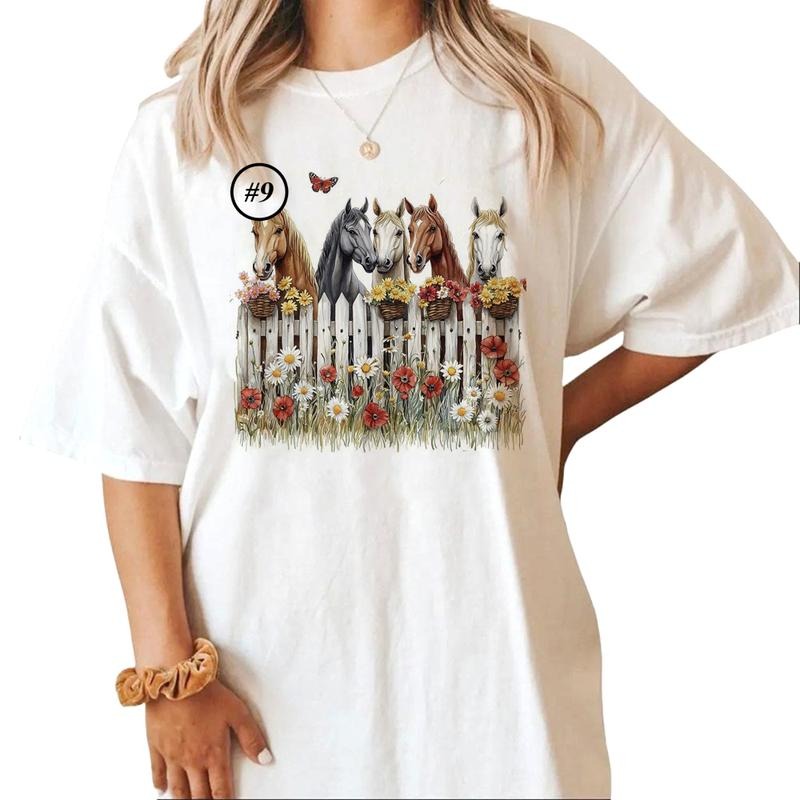 Custom Horses Looking over a Fence Unisex T-shirt Sweatshirt Hoodie Design all Watercolor Best Friends Farm Animals 1 Cotton Top