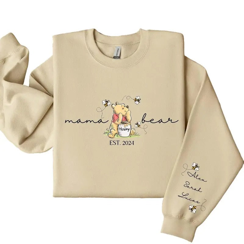 Custom Mama Bear Sweatshirt, Mama Est with Kid Name on Sleeve Sweatshirt, Personalized Mom Sweatshirt, Custom Mothers Day Gift, New Mom Tee