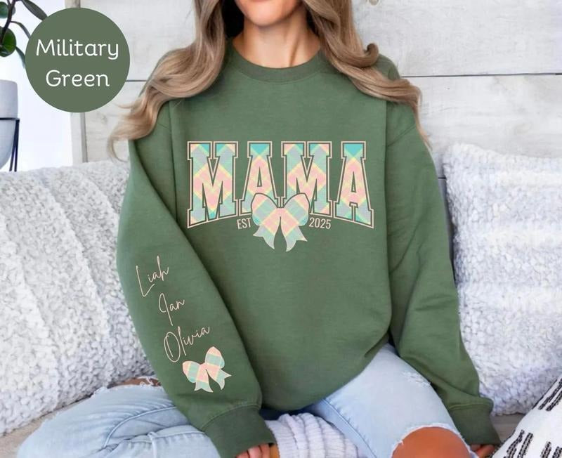 Custom Mama Sweatshirt With Kid Name On Sleeve, Personalized Floral Bow Hoodie, Mother's day Gift for Mom, Coquette Mama Sweater, Baby Shower Shirt