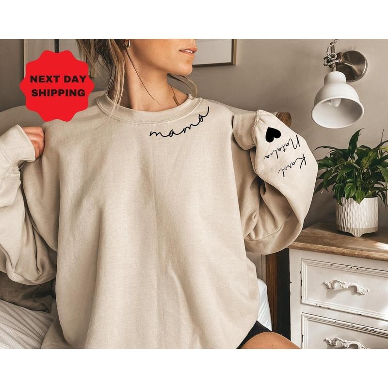 Custom Mama Sweatshirt With Kid Name On Sleeve, Personalized Mom Sweatshirt, Minimalist Momma Hoodie, Gift For Her, Christmas Gift For Mom