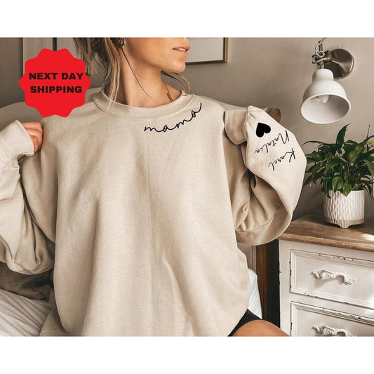 Custom Mama Sweatshirt With Kid Name On Sleeve, Personalized Mom Sweatshirt, Minimalist Momma Hoodie, Gift For Her, Christmas Gift For Mom