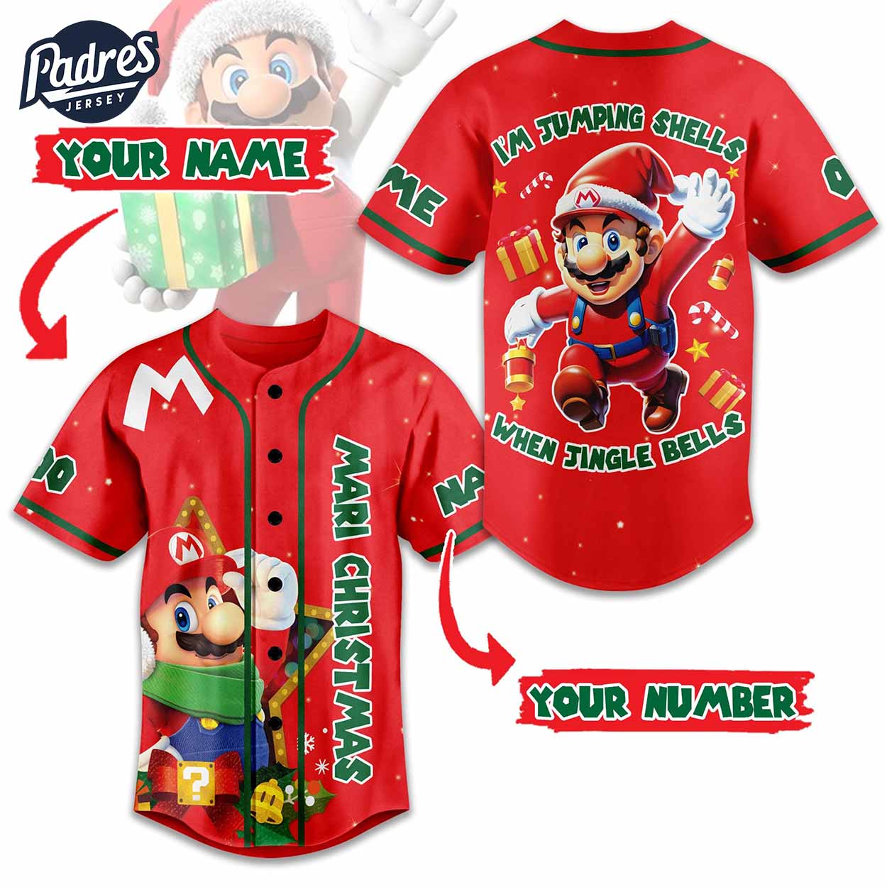 Custom Mario Christmas baseball Jersey Mari Christmas I'm Jumping Shell When Jingle Bell - Padres Jersey Oasis: Elevate Your Baseball Style Game