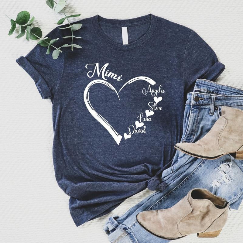 Custom Mimi Shirt, Grandma Heart T-shirt, Nana Shirt With Grandkids Name Tee, Personalized Grandmother Birthday Gift Short Sleeve, Mother's Day Gift Tee, Cute Grammy Tee.