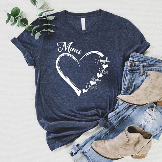 Custom Mimi Shirt, Grandma Heart T-shirt, Nana Shirt With Grandkids Name Tee, Personalized Grandmother Birthday Gift Short Sleeve, Mother's Day Gift Tee, Cute Grammy Tee.