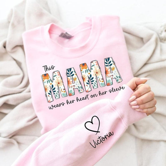 Custom Mom Sweatshirt Kids Name On Sleeve, Mothers Day Gift For Grandmom, Wear Her Heart On Her Sleeve