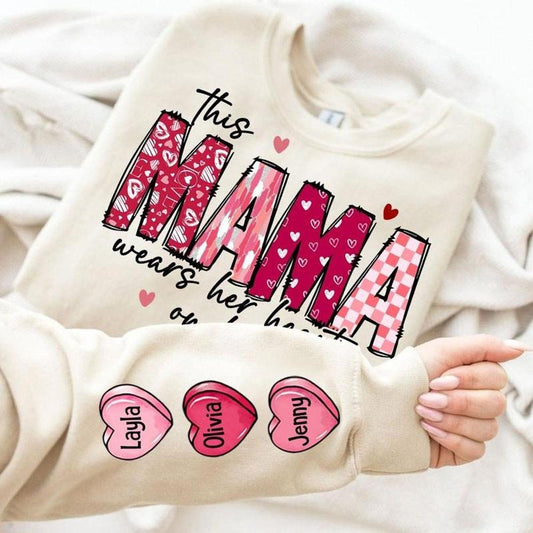 Custom Name On This Mama Loves Her Hearts On Her Sleeve T-shirt, Sweatshirt, Hoodie, Custom Kids Name Shirt, Valentine Candy Heart Shirt, Mama Valentine Shirt