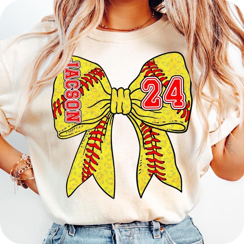 Custom Name Softball Coquette Bow T-Shirt, Mama Softball T-Shirt, Game Day Shirt, Softball Mom T-Shirt, Retro Sports Mom, Softball Bow T-Shirt