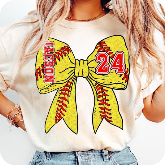 Custom Name Softball Coquette Bow T-Shirt, Mama Softball T-Shirt, Game Day Shirt, Softball Mom T-Shirt, Retro Sports Mom, Softball Bow T-Shirt