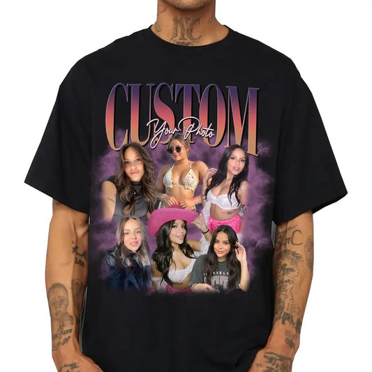 Custom Photos Custom Your Own Bootleg Tee Retro Graphic T-Shirt with Vintage Design, Crewneck, Casual Style, Short Sleeve, Vintage 90s Retro Look