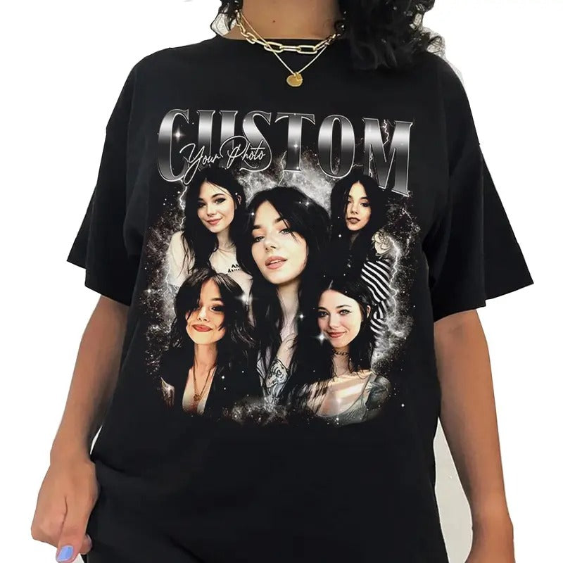 Custom Photos Shirt - Black Short Sleeve with Graphic Design, Features "CUSTOM" Text, Ideal for Personalization