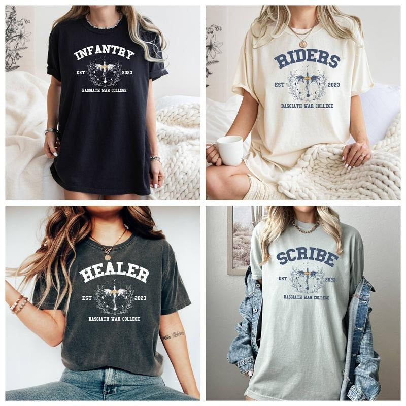 Custom Riders Quadrant Tee, Dragon Rider Tee, Fourth Wing Tee, Basgiath War College Tee, Fly Or Die Tee, Dragon Apparel (Please Choose The Text: Infantry, Scribe, Riders, Healer)