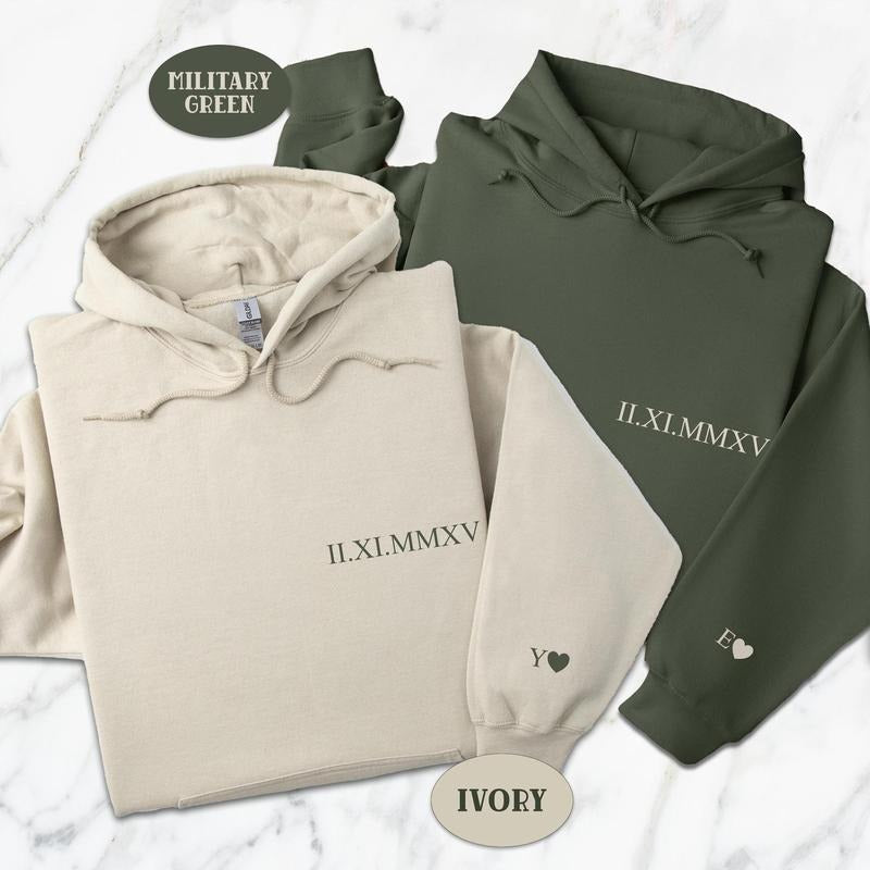 Custom Roman Numeral Date printed Sweatshirt, Matching Couples Valentines Day Gift, Personalized Anniversary Date Hoodie With Initials On Sleeve
