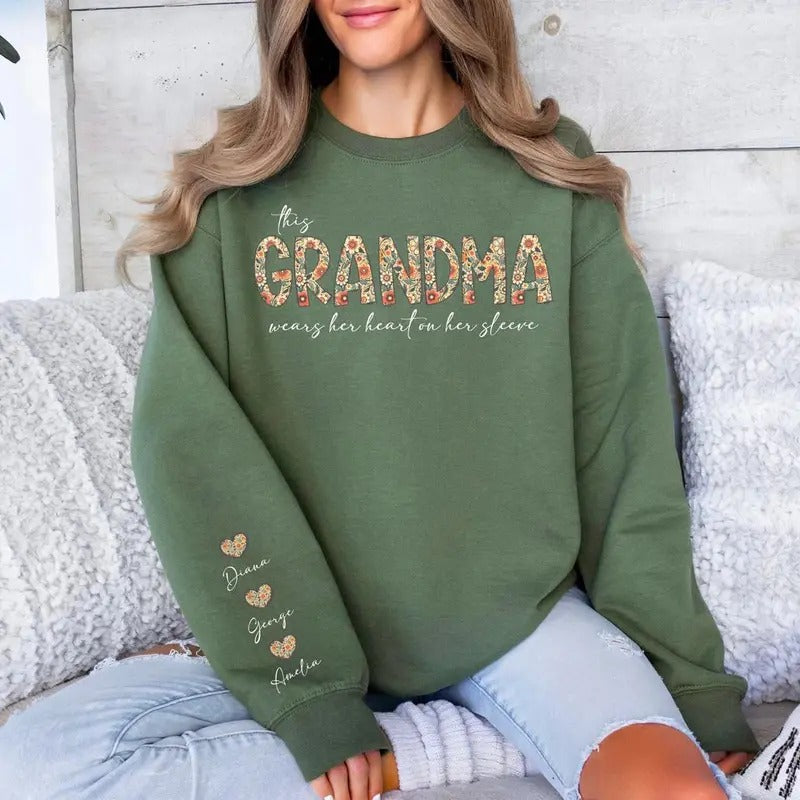 Custom This Grandma Wears Her Heart On Her Sleeve Sweatshirt, Shirt with Names On Sleeve, Mommy Heart Hoodie, Mother's Day Crewnefk