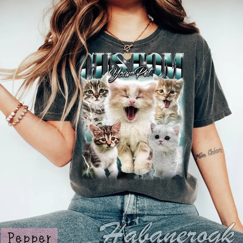 Custom Vintage Pet Shirt Pet Photo + Name Custom Dog Shirt Personalized Dog Shirt Custom Dog T Shirts for Humans Custom Cat Shirt 90's Tee Top Womenswear Top Womenswear Streetwear Comfort Tshirt Summer Crewneck Casual Animal Black