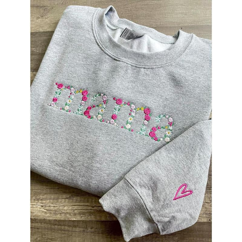 Custom floral Mama embroidered sweatshirt, mama floral sweatshirt,Mama sweatshirt with child name, gift for mom