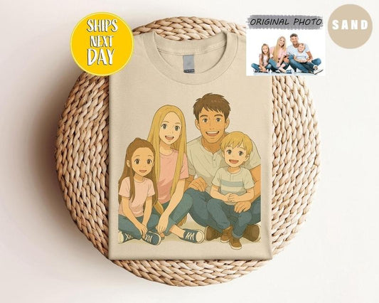 Customized Ghibli Style Art T-Shirt, Ghibli-Inspired Art from Your Photo, Personalized Gift for Anime Lovers, Cartoon Family Drawing