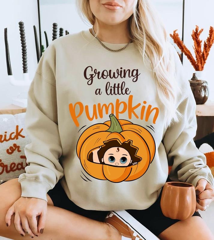 Customized Growing A Little Pumpkin Sweatshirt Halloween Pregnancy Crewneck Maternity Unisex T-shirt Classic Fit Loose Fit Women's Wear Blue Check Polyester Cotton Blend
