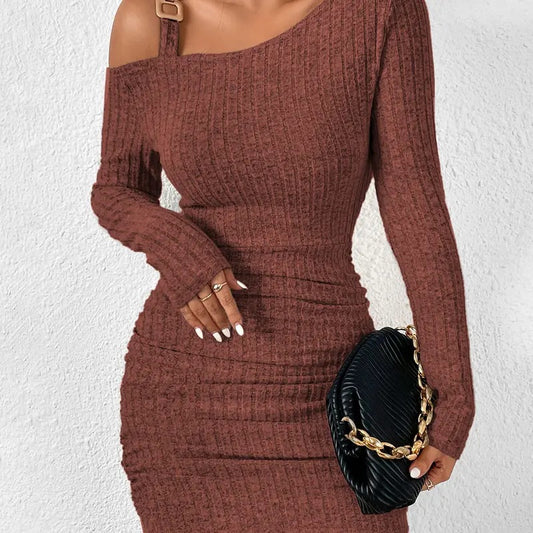 Cut Out Asymmetrical Neck Ruched Bodycon Long Sleeve Mini DressY2K