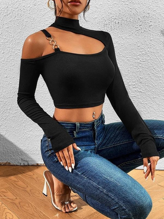 Cut Out Long Sleeve Crop Tops Mock Neck Chain Asymmetrical Shoulder Tee T Shirt