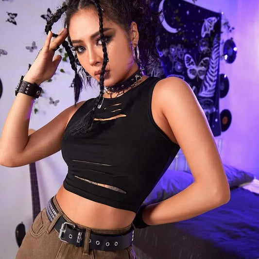 Cut Out Sleeveless Round Neck Punk Rock Solid Ripped Crop Tank TopY2K