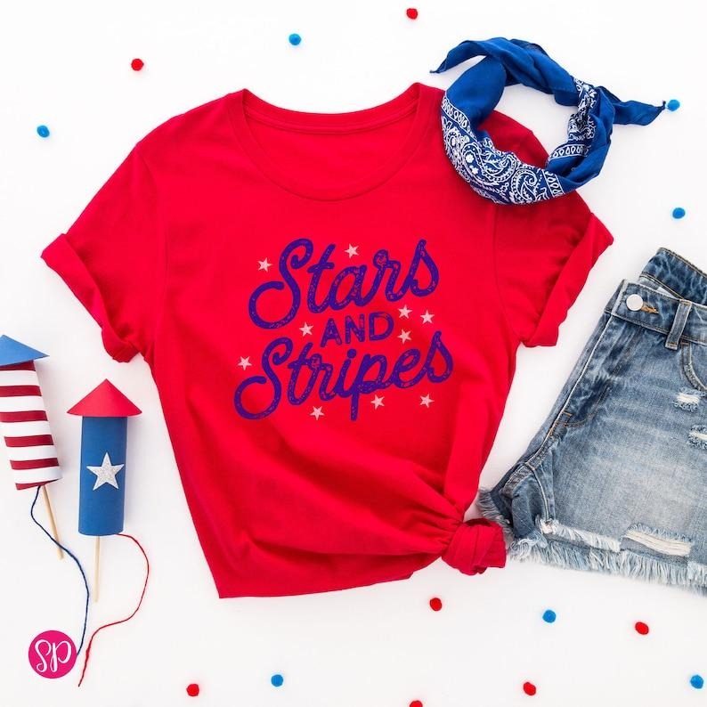 Cute 4th of July T-Shirt, Stars and Stripes Graphic Tee, Red White and Blue Shirt