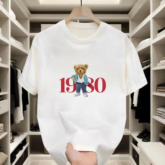Cute Bear with Retro Red Numbers '1980', Simple and Eye-catching. Made of Pure Cotton, Comfortable and Versatile, Easily Create Retro Trendy Style