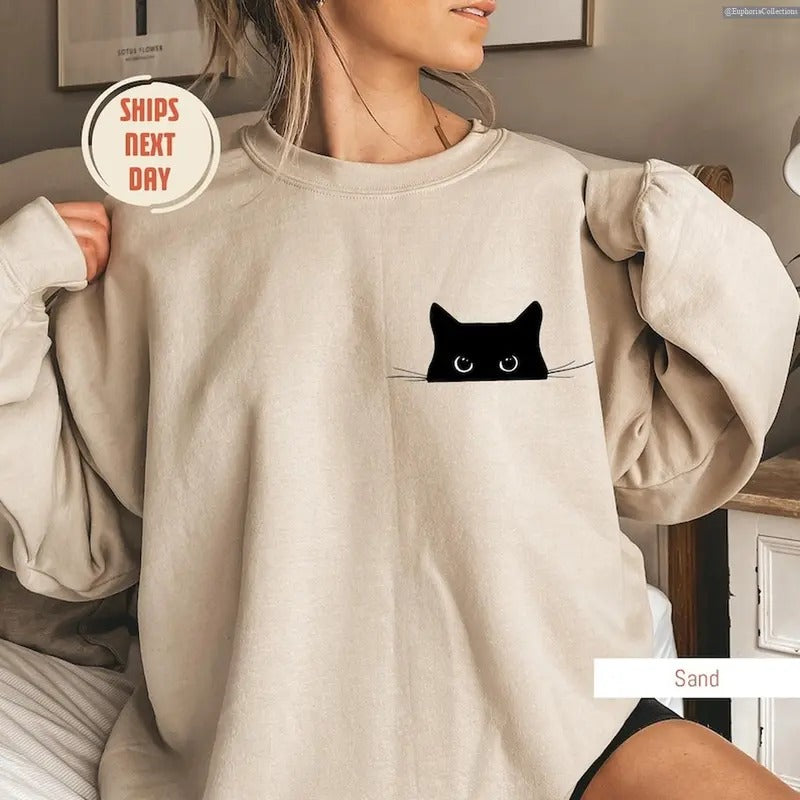 Cute Black Cat Sweatshirt, Hoodie, Tee, Cat Peeking, Women Funny Sweater, Gift for Cats Lover, Cat Mom Sweatshirt , Global Trending Outfits