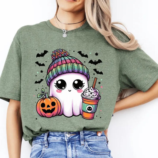 Cute Bougie Halloween Ghost with Coffee. Casual Everyday Softstyle Halloween Unisex T-Shirt.