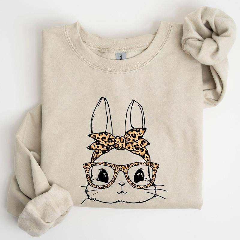 Cute Bunny, Glasses, Leopard Bandana, Easter, Hipster Sweatshirt, Women's Crew Neck, Crewneck
