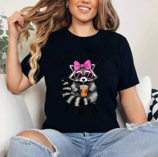Cute But Feral Funny Colorful Racoon With Sunglasses Racoon T-Shirt , Cotton 100%, Top Womenswear