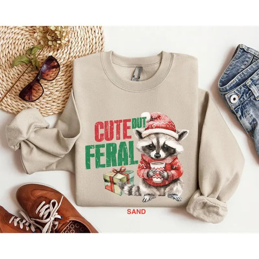 Cute But Feral Sweatshirt, Christmas Shirt, Funny Christmas Sweatshirt, Christmas Raccoon Sweatshirt, Feral Christmas Shirt, Christmas Shirt