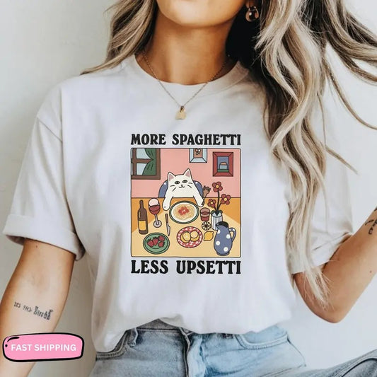 Cute Cat Art More Spaghetti Less Upsetti T-Shirt Funny Italian Food Lover Tee Adorable Cat Eating Pasta Shirt  SpringMug Gift Set