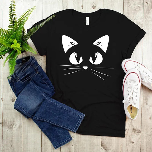 Cute Cat T-Shirt, Black Cat Gifts, Kitty Kitten T Shirt, Funny Present, Animal Lover T-shirt, Whiskers Face, Cat Lover, Cat Shirt For Women