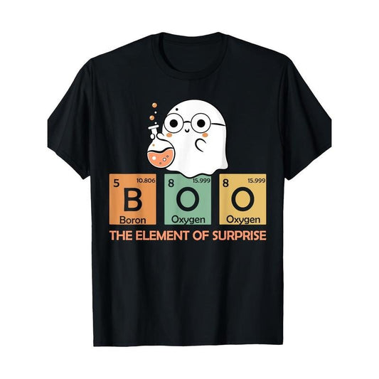 Cute Chemistry-Themed Cotton T-Shirt, Crew Neck, Short Sleeve, Regular Fit, Medium Stretch Knit Fabric, with Geometric "Boo" Element Design, for Adults, All-Season, Daily & Casual Wear Made in USA