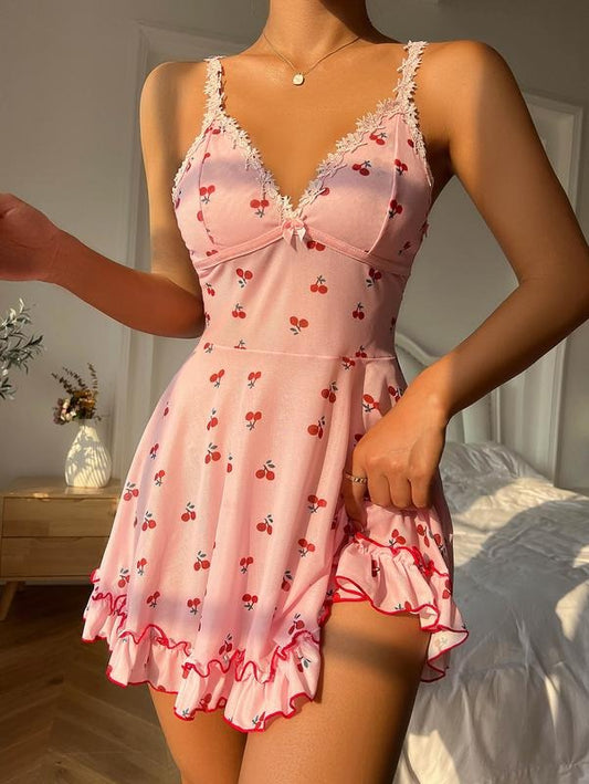 Cute Cherry Print Lace Trim Spaghetti Ruffle Hem Breathable Soft Sleeveless Nightgown ChemiseY2K