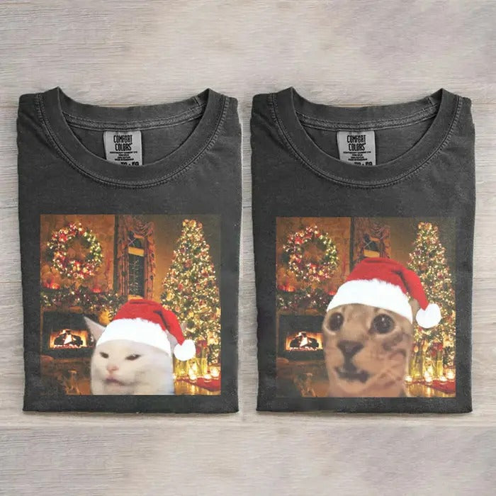 Cute Christmas Cat meme T-shirt, Vintage Funny Cat Expression Graphic Tee, Cute Kitty Meme Unisex Retro Top,Fun Pet Humor Gifts Menswear Underwear