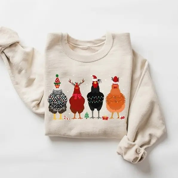 Cute Christmas Chickens Sweatshirt, Christmas Farm Animal Sweatshirt, Chickens Lover Sweater, Funny Holiday Sweater, Christmas Chickens Gift