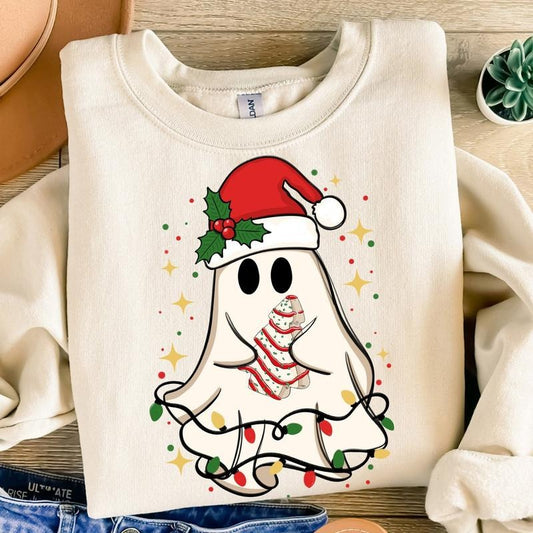 Cute Christmas Ghost Tree Cake Sweatshirt, Merry Christmas T-Shirt, Happy New Year Holiday Clothing, Unisex Classic Cotton