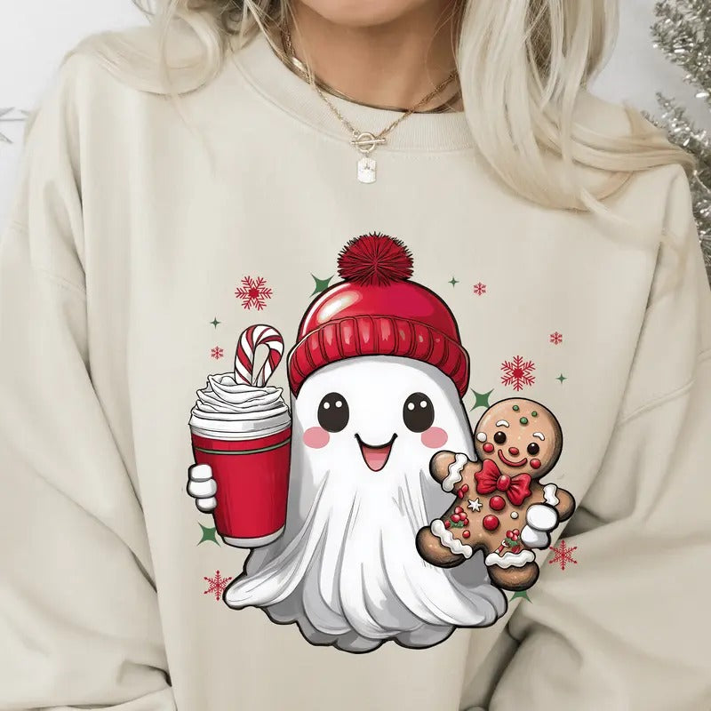 Cute Christmas Ghost with Gingerbread.  Casual Everyday Softstyle Christmas Unisex Pullover Crewneck Sweatshirt.